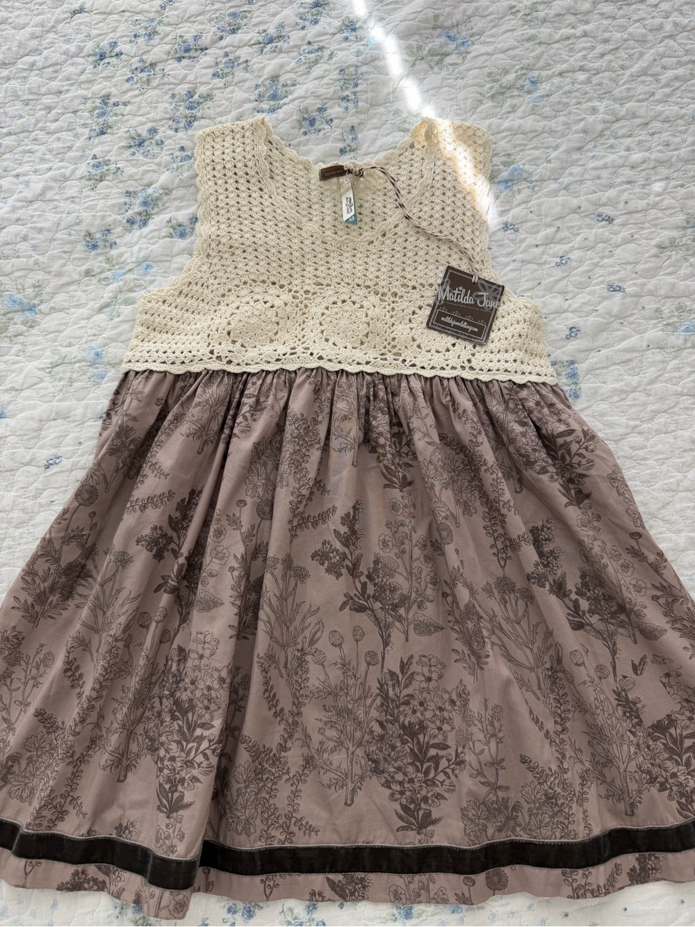Matilda Jane Cream Crochet Bodice Taupe Botanical Skirt Dress